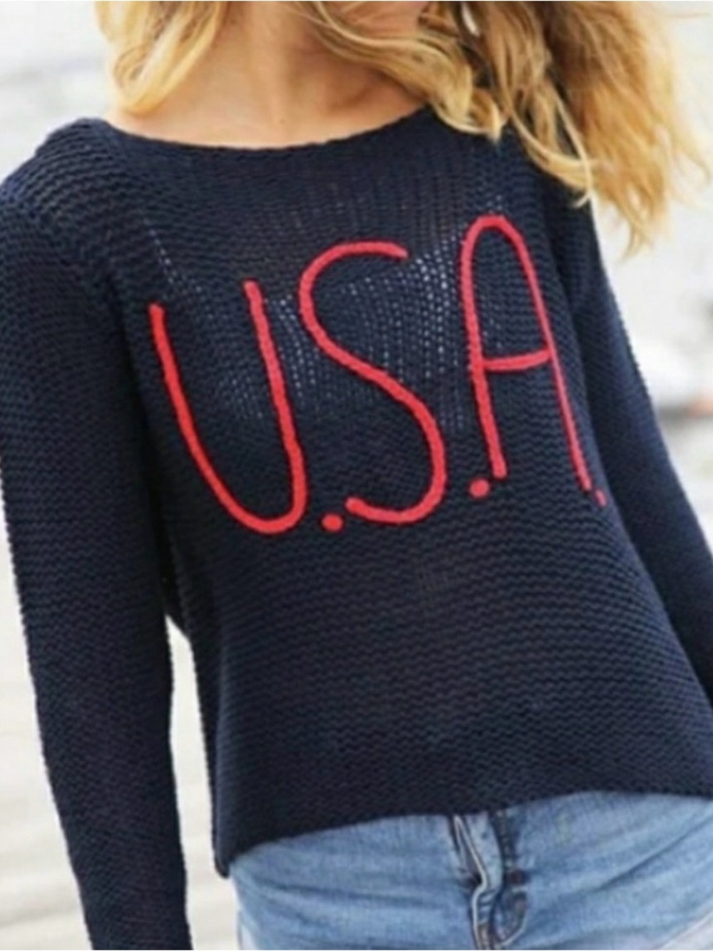 Wooden Ships Red Crewneck Sweater with Navy 'U.S.A.' Lettering size S/M VGUC